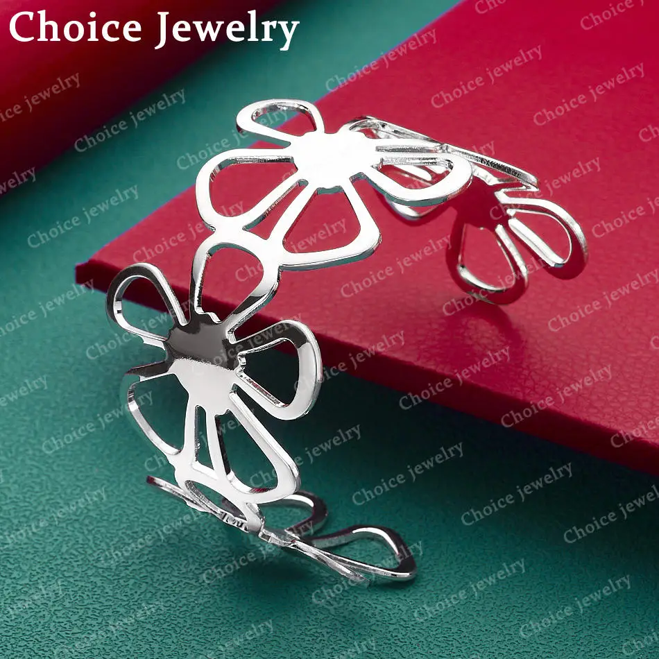925 Sterling Silver 58mm Flowers Open Bangle Bracelet For Women Fashion Jewelry Adjustable Party Birthday Gifts