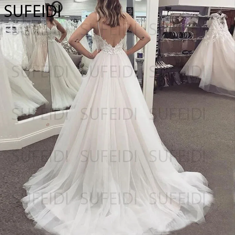 Elegant new 2024 sexy V-neck A-Line bridal dress Spaghetti Sweep Train Lace Decal beads Beach Illusion wedding dress plus size