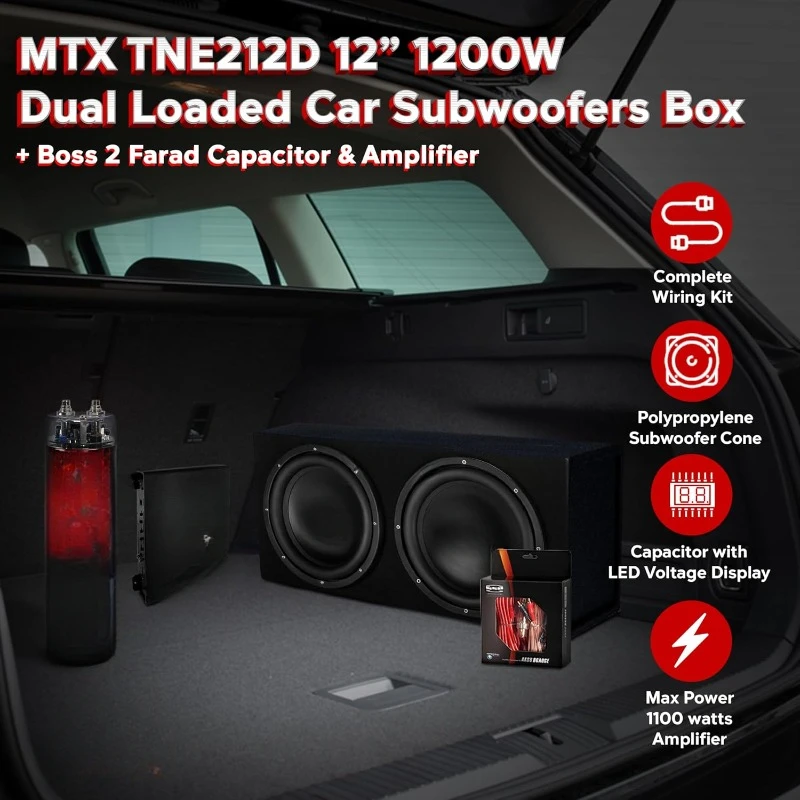 12 Inch 1200 Watt 4 Ohm Dual Loaded Car Audio Subwoofer Package with Sub Enclosure, Boss 1100W Mono A/B Amplifier, home.