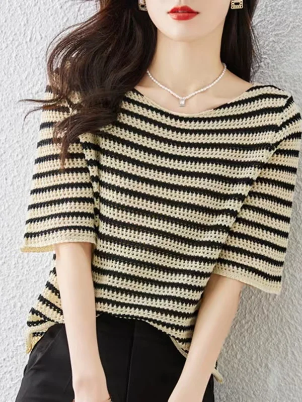 

Slimming Ice Silk Short Sleeve T-Shirt Women's Summer Knitted Top Thin Loose Fit Base Shirt Casual Style round Neck Stripe Pa...