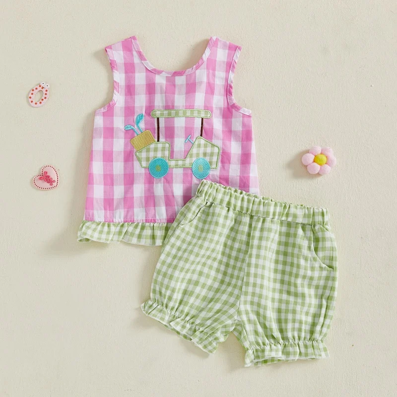 

Baby Girls Shorts Set, Sleeveless Crew Neck Embroidery Golf Cart Tank Top with Plaid Shorts Summer Casual Outfit