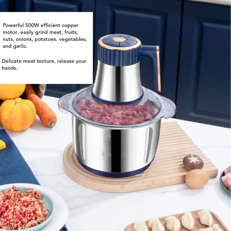 5L Stainless Steel Bowl Electric Meat Grinder 500W Copper Motor Food Chopper For Kitchen Meat Vegetables Onion Garlic Salad