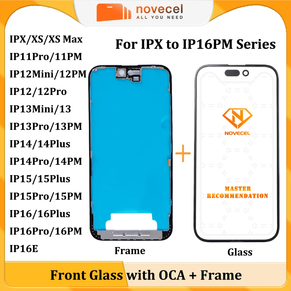 

Novecel, 5 комплектов, переднее стекло ЖК-экрана + пленка OCA + рамка для iPhone XS 16E 15 Plus 14 13 12 11Pro Max, замена сенсорной панели