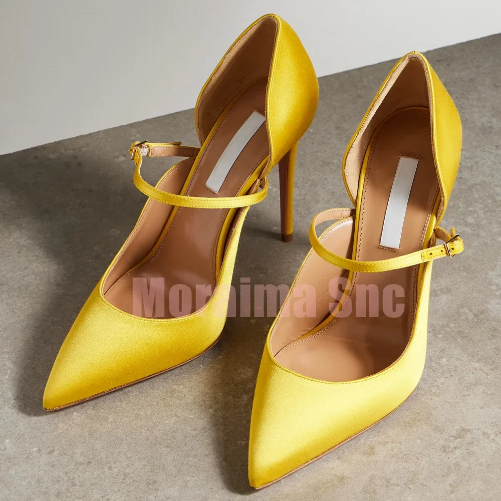 

Satin Pointed Toe Shallow Pumps Stiletto High Heels Ankle Buckle Strap Sexy Fashion Yellow Women's Dress Shoes Summer Banquet
