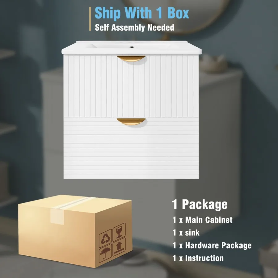 Vaidade de banheiro moderna de parede de 24 polegadas com 2 gavetas branca ideal para banheiros pequenos