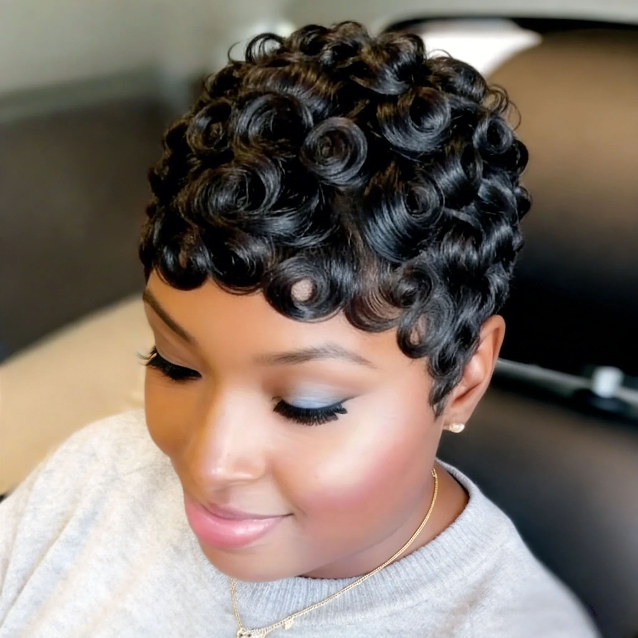 

Короткие кудрявые парики из бразильских человеческих волос для женщин с челкой, 6 дюймов, полностью машинной работы, для вечеринок и повседневного использования