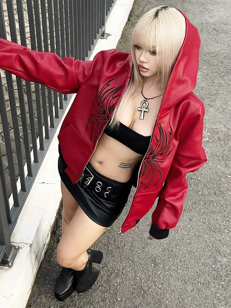 

Sisterlinda Y2K кожаная куртка с капюшоном на молнии женская лоскутная уличная одежда с принтом и длинными рукавами хипстерская укороченная куртка в стиле локомотива