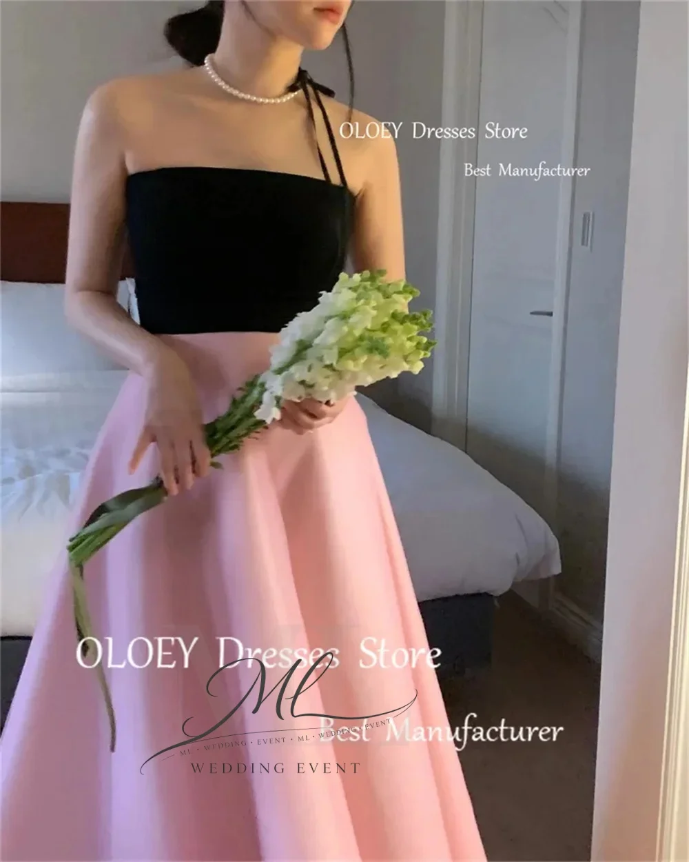 ML Simple Black And Pink Korea Evening Party Dresses A Line Strapless Wedding Photos Shoot Sleeveless Backless Corset Prom Dress
