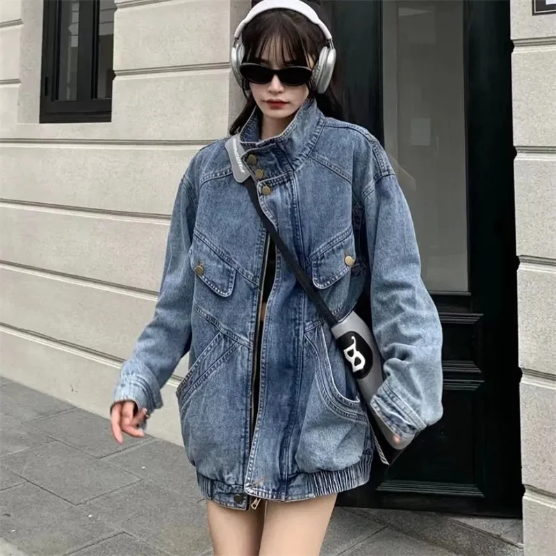 

Retro Denim Coat 2024 Autumn Loose Fitting Medieval Street Design Sense Stand up Collar Jacket Top Trendy Solid Color Commuting