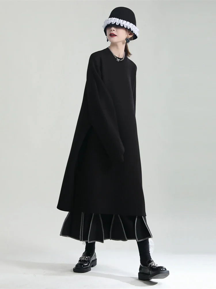 [EAM] Women Black Big Size Casual Long Dress New Round Neck Long Sleeve Loose Fit Fashion Tide Spring Autumn 2024 1DF4806