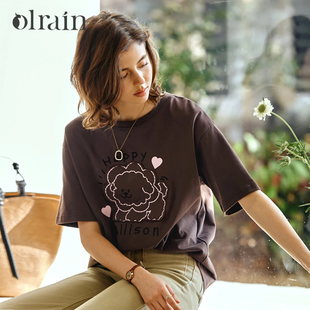 

OLrain Retro Coffee Women T-shirt 2025 Spring Summer Loose Fit Casual Cartoon Embroidered Drop Sleeve Pullovers Lady O57XT96881