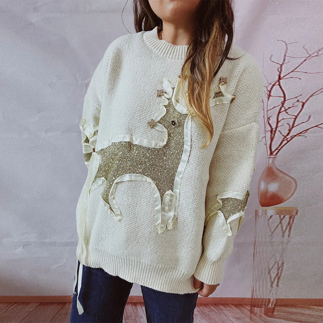 Autumn And Winter New Christmas Sweater Ribbon Gold Jacquard Deer Round Neck Thickened Knitted Pullover