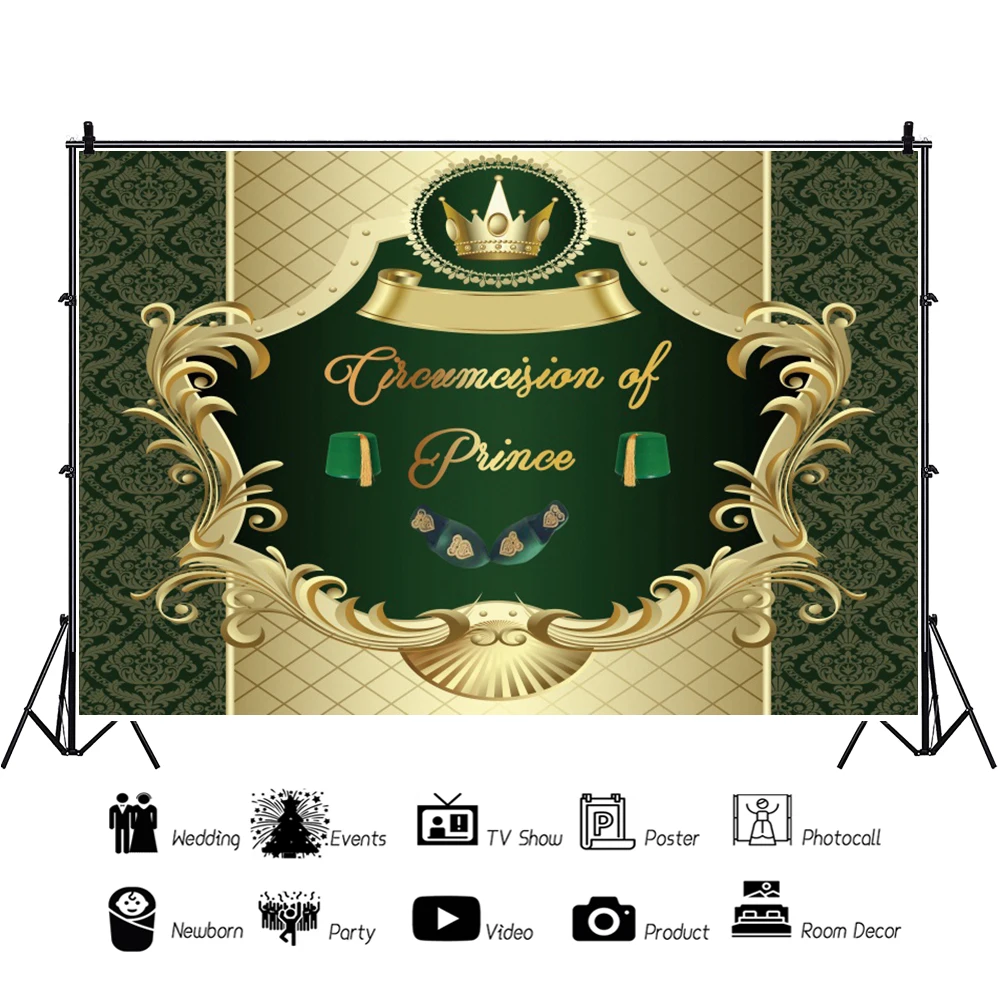 Laeacco Circumcision of Prince Background Gold Crown Green Vintage Pattern Kid Birthday Portrait Customized Photography Backdrop