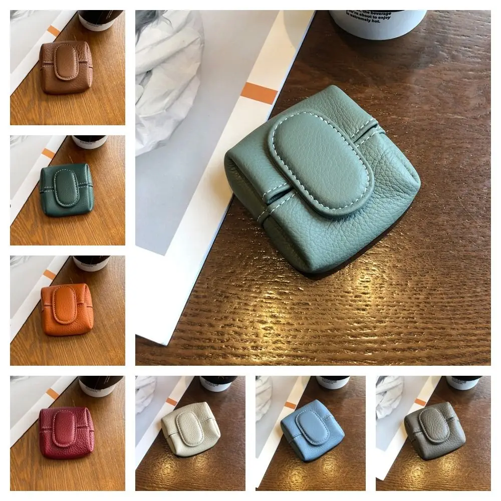 Soft Lychee Pattern Coin Purse Snap Button Multifunctional Mini Cowhide Wallet Lightweight Square Earphone Storage Bag