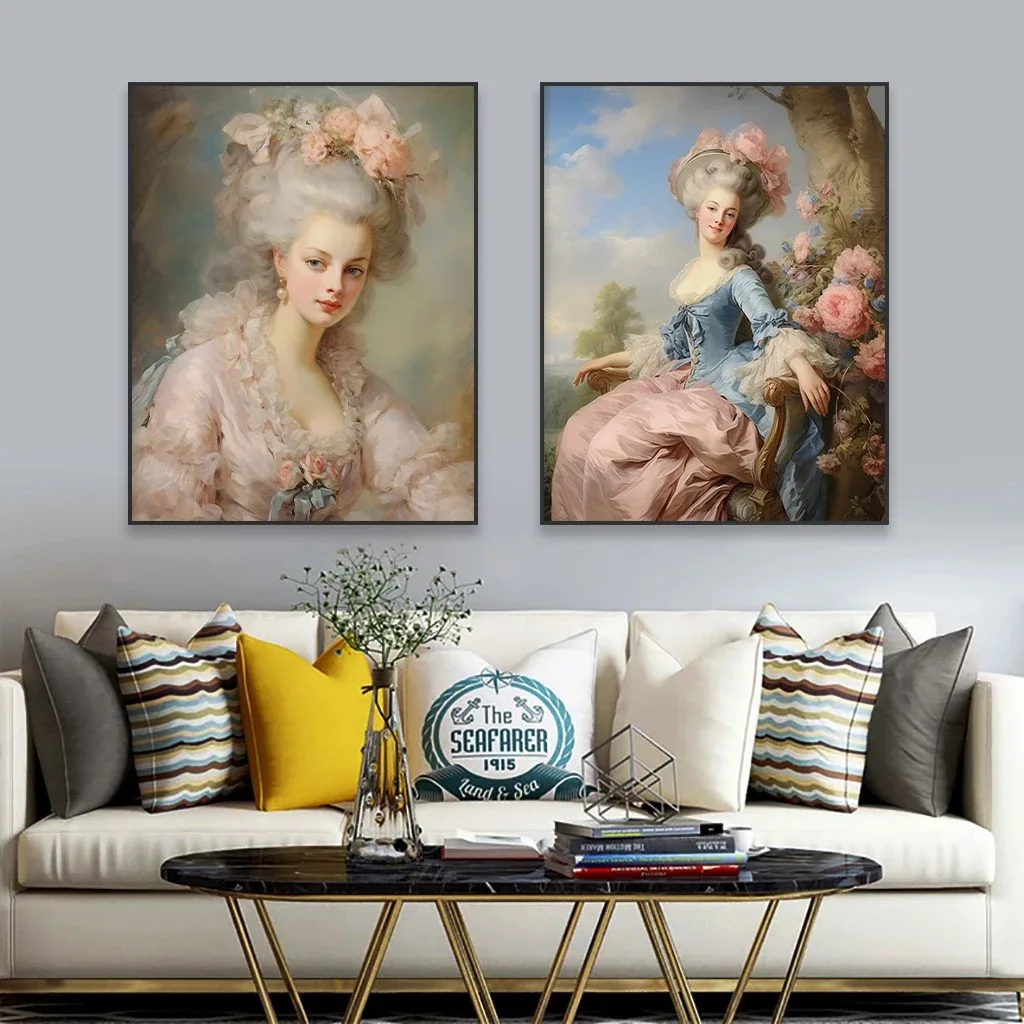 Rococo Princess Oil Painting Prints Baroque Eurasian Beauty Vintage Poster Pastel Pink Floral Rococo Lady Canvas Painting Decor