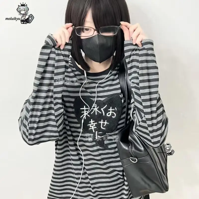Y2K American Punk Vintage O Neck Long Sleeve Shirts All-Match Striped Design Harajuku Embroidery Tops Aesthetic High Street Tees view 3
