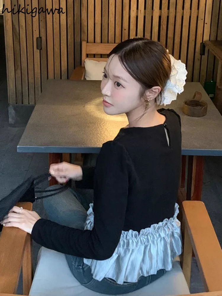 Patchwork Velvet Woman T Shirts Vintage Temperament Tees 2025 Ropa Mujer Contrast Color Ruffles Camisetas Fashion Korean T-shirt image 5