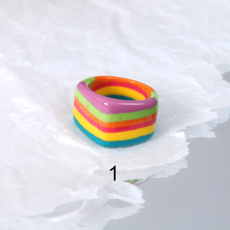 2022 New Fashion Exaggerate Colorful Stripe Hand Painted Drip Oil Irregular Geometric Round Acrylic Resin Ring For Women Jewelry