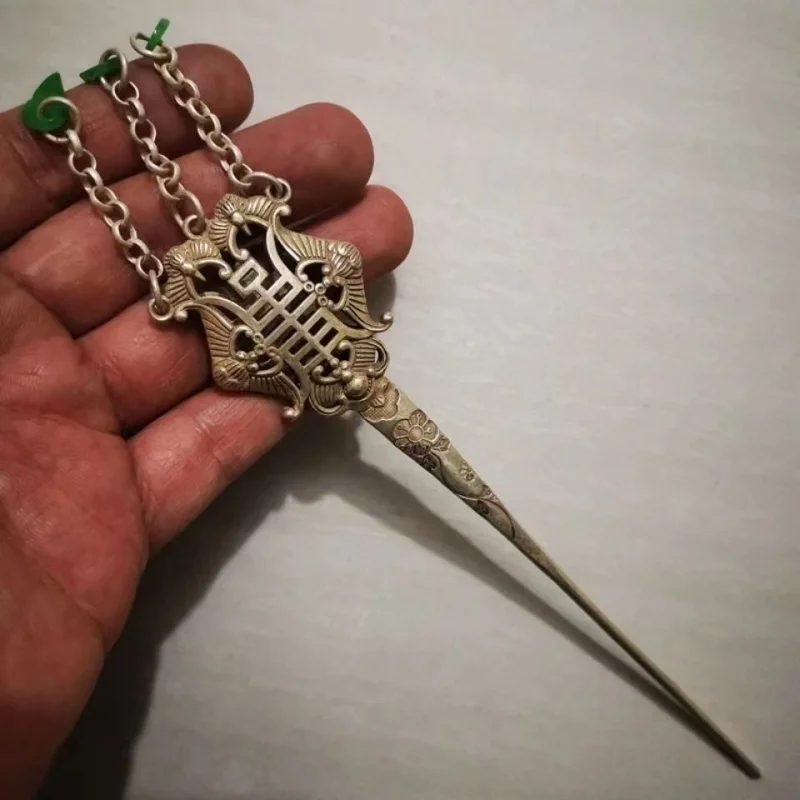 Inlaid Gemstone Chinese Style Classical Elegant Hairpin White Copper Vintage Hollow Ornament