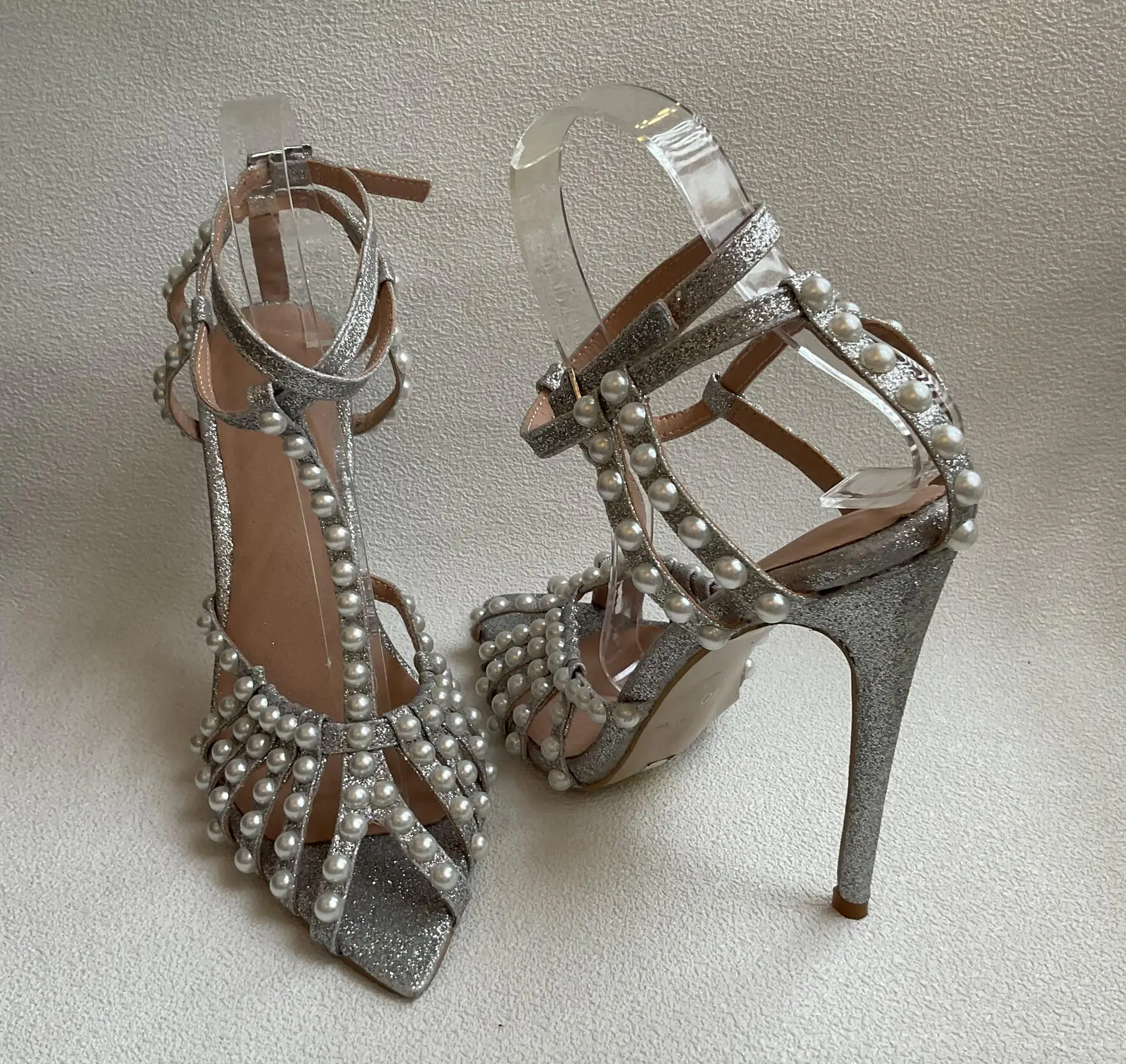 Bling Bling Glitter Pearl Decorated Cut-outs Women Gladiator Sandals Ladies Peep Pointed Toe Buckle Strap Banquet Party Shoes