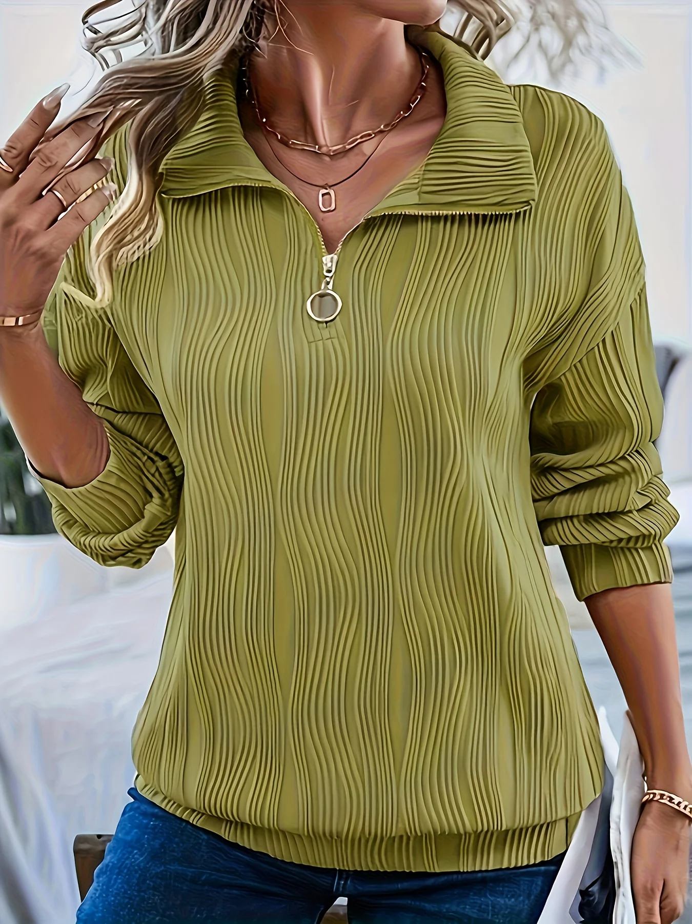 

Women's Half Zip Wavy Textured Sweatshirt - Turn Down Collar Long Sleeve Loose Fit Casual Top for Fall