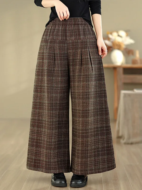 

Retro Loose Winter Plaid Slim Straight Leg Wide Leg Pants High Waist Versatile Casual plus Size Long Trousers