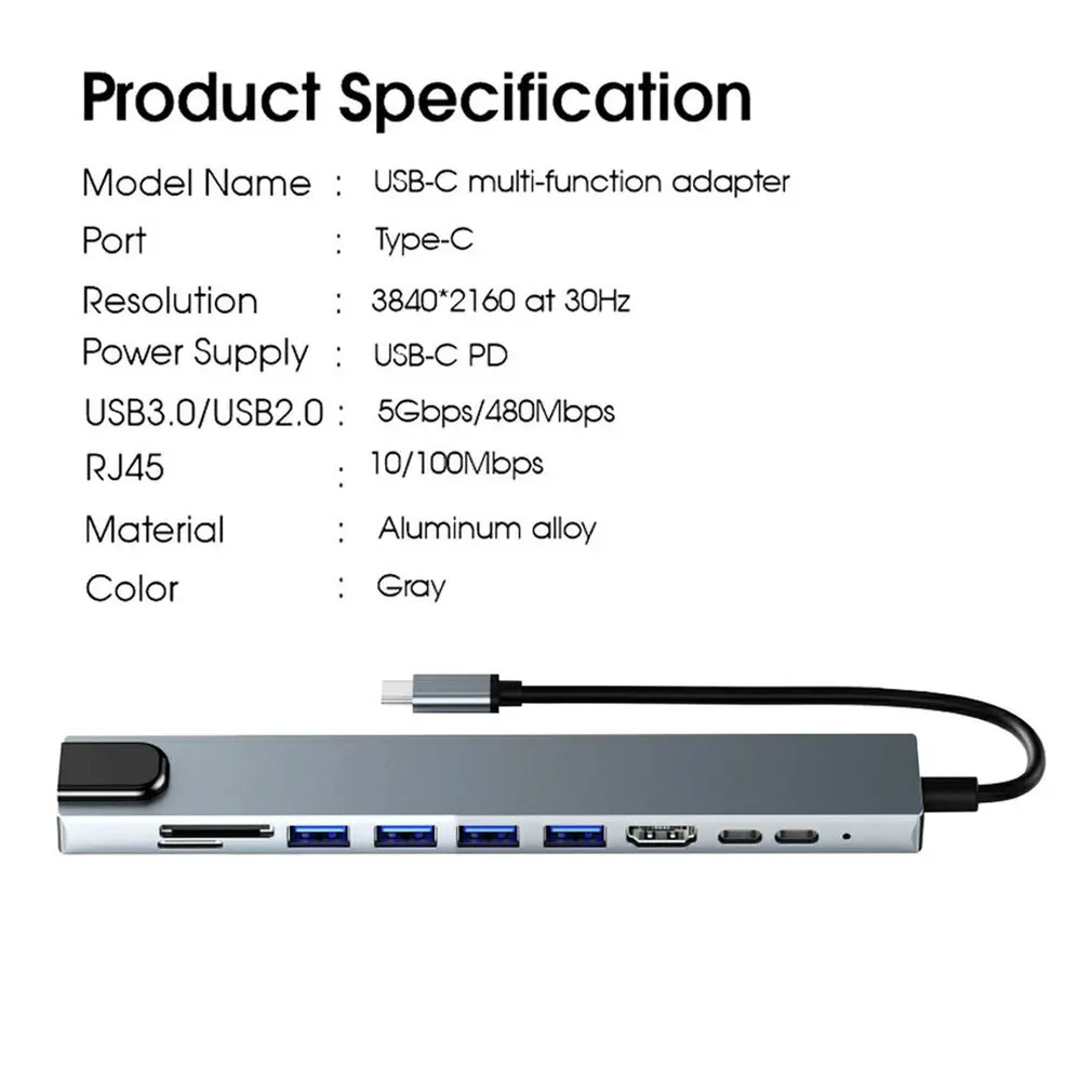 Type C To HDMI-compatible 100M Network Card Multi-interface Slender Mold Ten In One Hub Portable Adapter