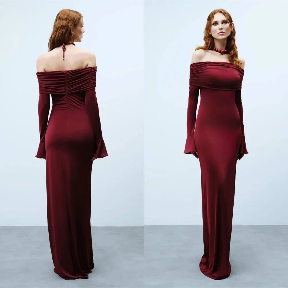 

Customized Formal Jersey Evening Dress Fashion Off the Shoulder Long Sleeves Celebrity Gowns Exquisite Special Occasion Gowns
