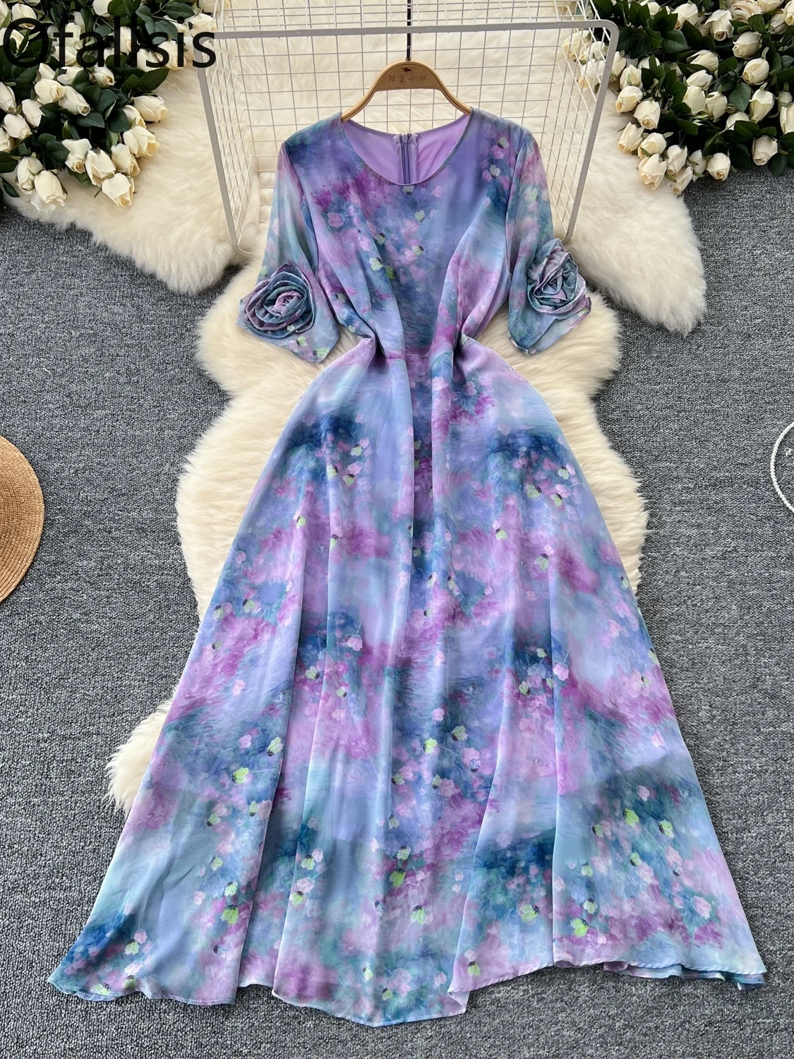 Ofallsis French Retro O neck High end Blend Dress 2024 Summer New Three dimensional Flower Waist Slimming Big Swing Long Dresses