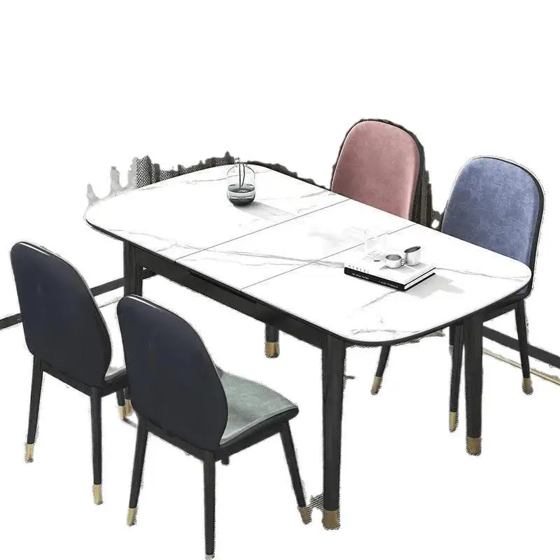 

Household small apartment, modern and simple solid wood, rectangular retractable table, rock slab