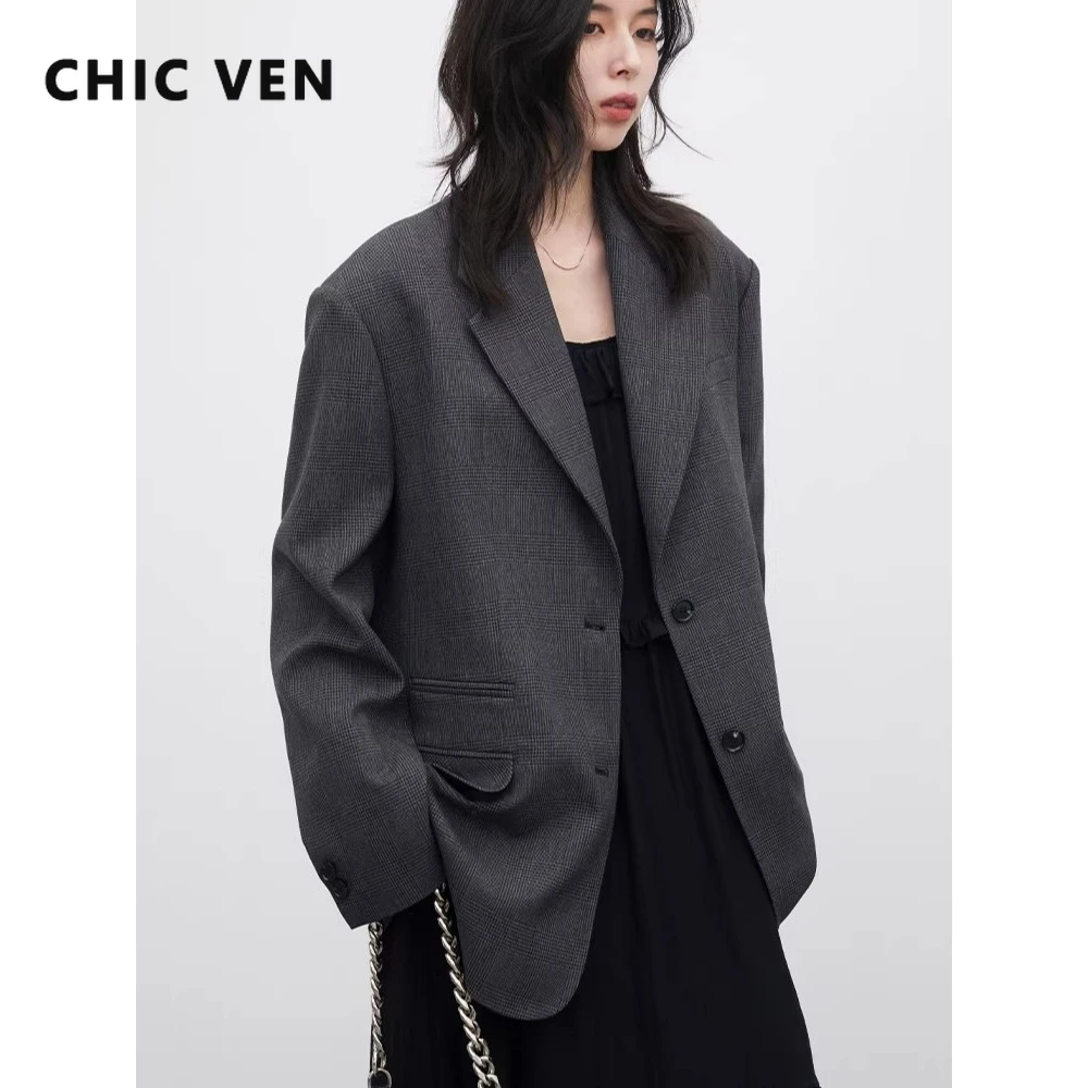 CHIC VEN Korean Women Blazers Loose Casual New Retro Plaid Single Breasted Mid Length Ladies Jacket Coat Spring Autumn 2026