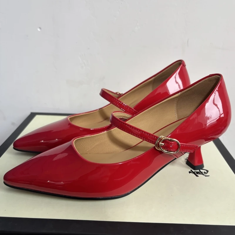 Short Heels Mary Janes Shoes Women Pumps Genuine Leather Point Toe Black Nude Red Heeled Office Wedding Shoes Female Large Size