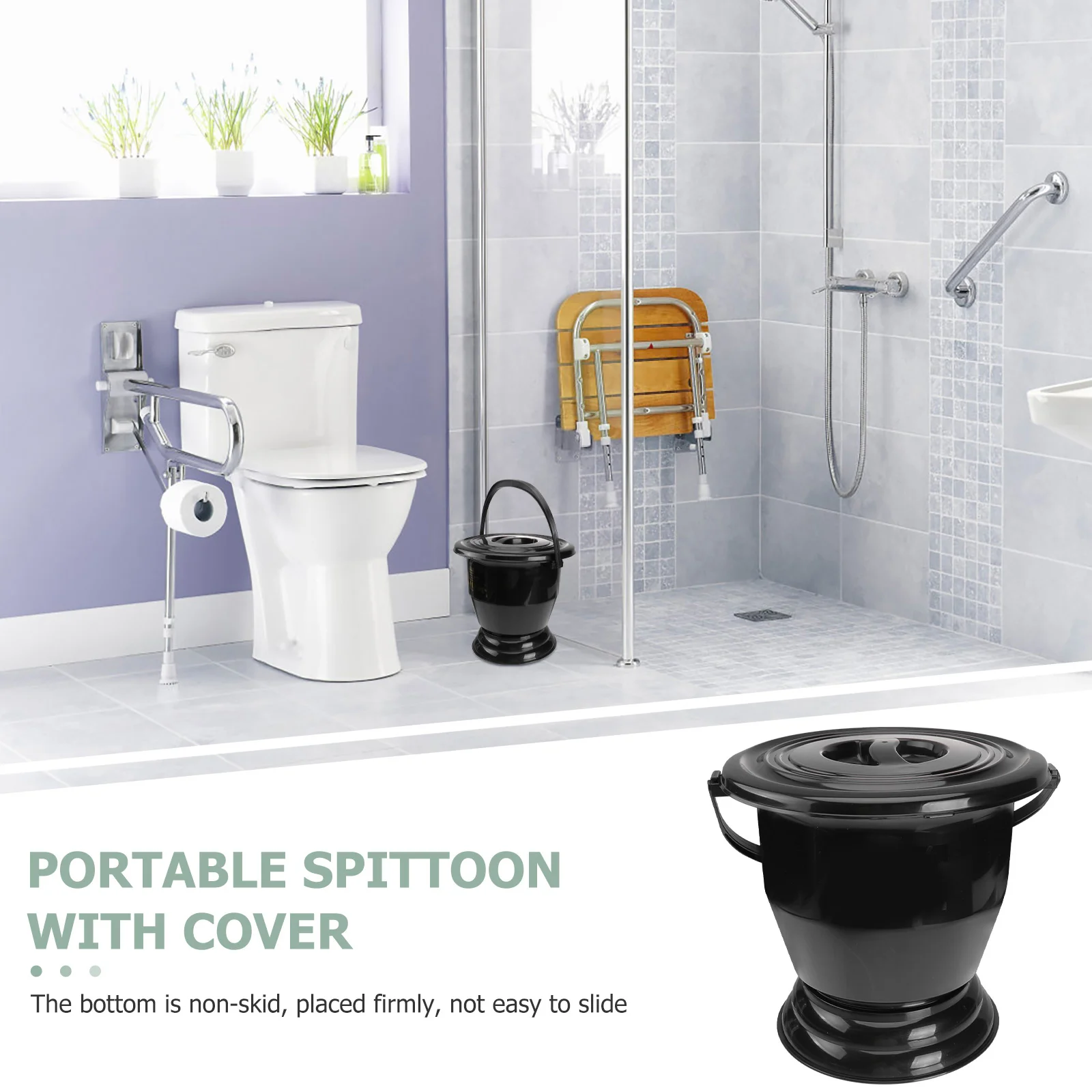 

Thickened Plastic Lid H held Non Slip Base Stable Chamber Pot Plastic Thickened Spittoon Spittoon Black