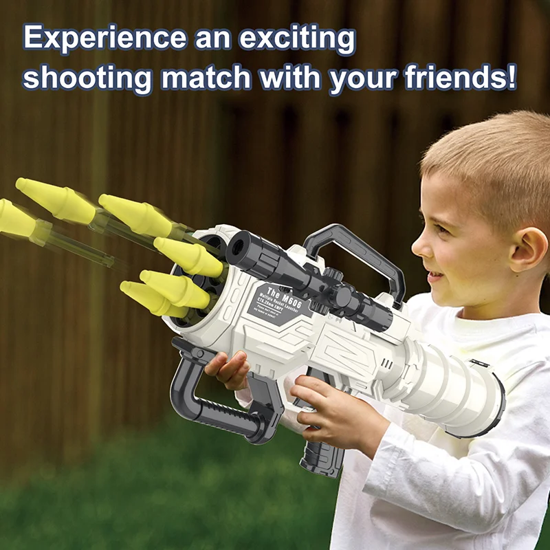 

Large size six shot four barrel rocket launcher soft bullet gun electric toy for boys and children, chicken eating military set