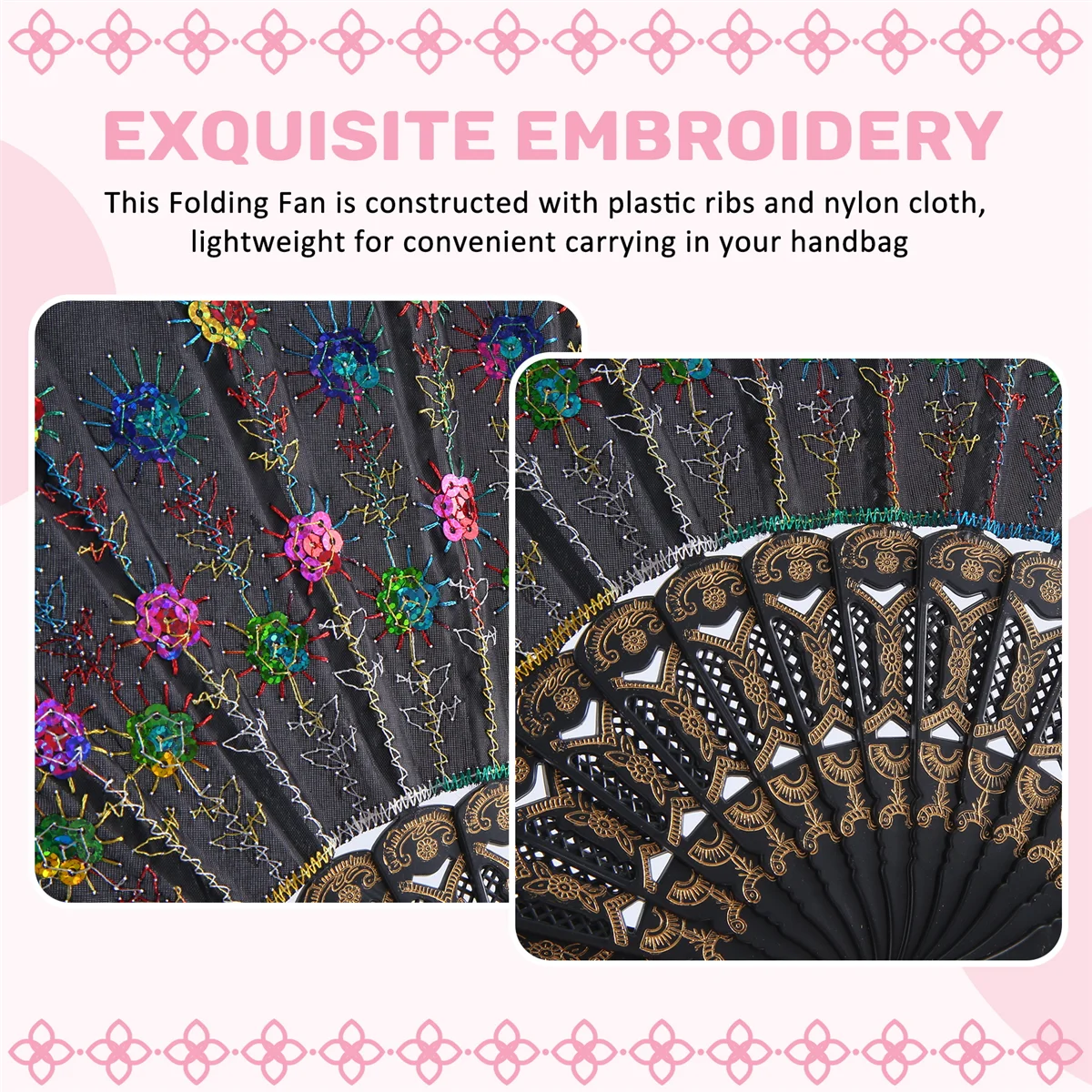 New SODIAL(R) Colored Embroidered Flower Pattern Black Cloth Folding Hand Fan for Woman
