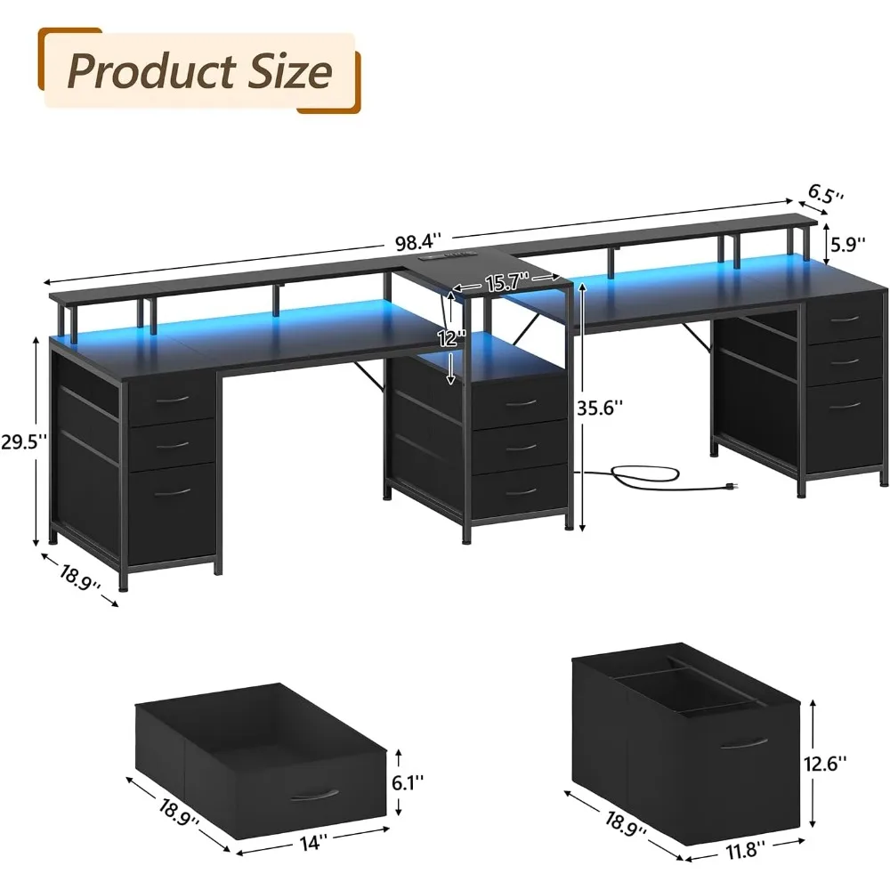 مكتب كمبيوتر طويل 98.4 بوصة مع 9 أدراج، مكتب ألعاب لشخصين مع أضواء LED ومخرج طاقة، مكتب مكتب منزلي لشخصين مع S