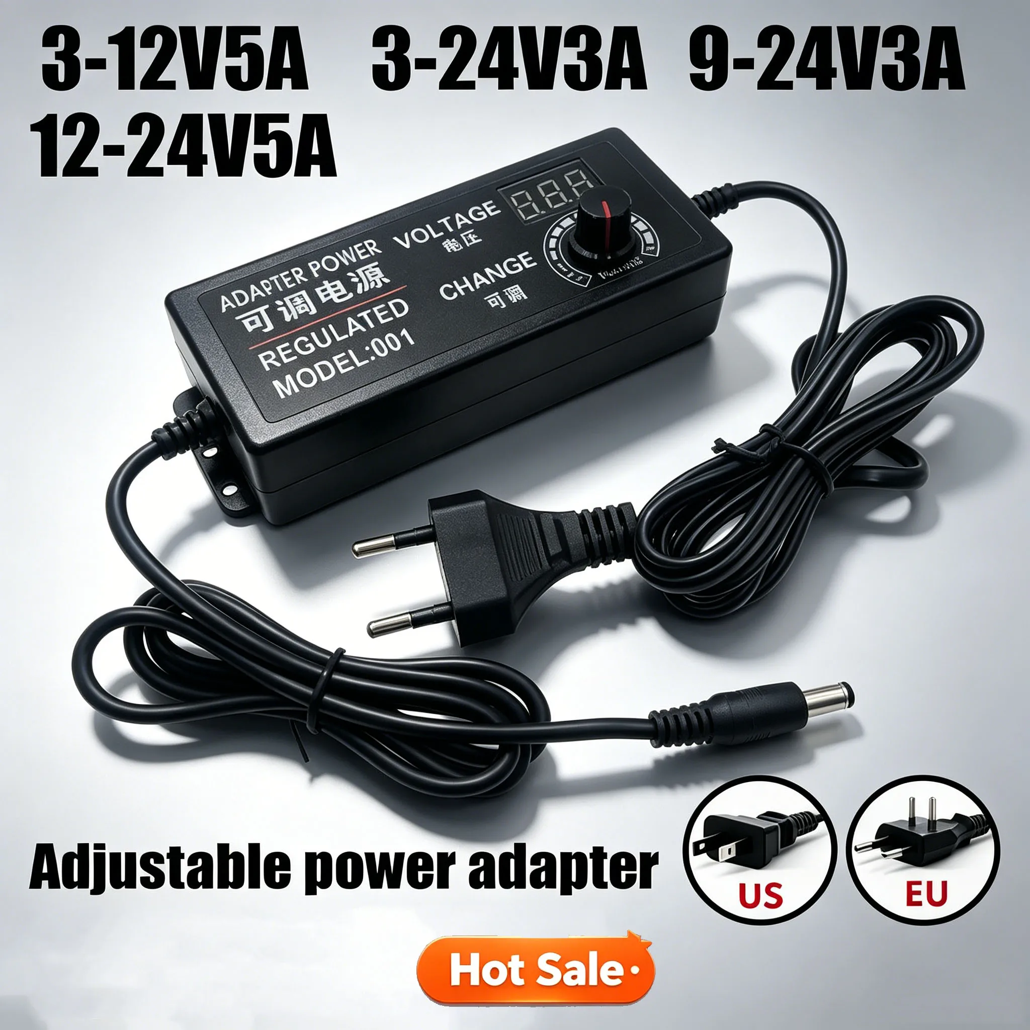 Adjustable Power Supply Adapter 3-12V/3-24V/9-24V/12-24V 3A/5A with Display Screen Voltage Regulated for Hoverboard Universal Ad