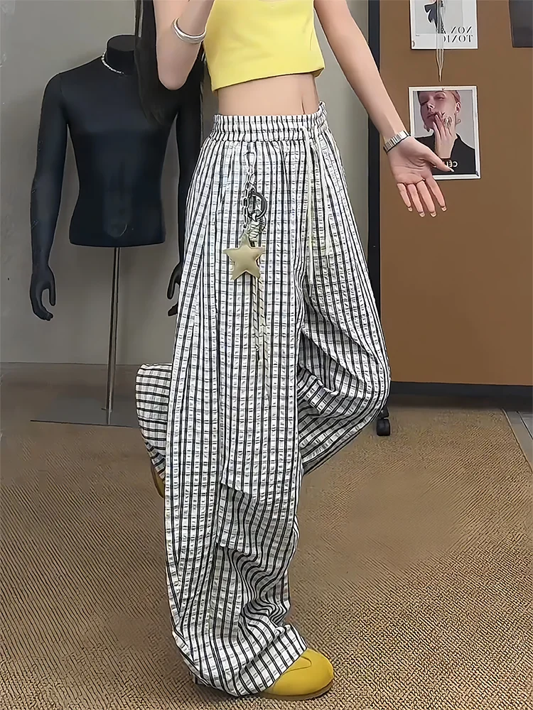 

Летние мужские широкие брюки в клетку со звездами, висячие украшения, свободные ленивые брюки, американские сложенные прямые повседневные брюки