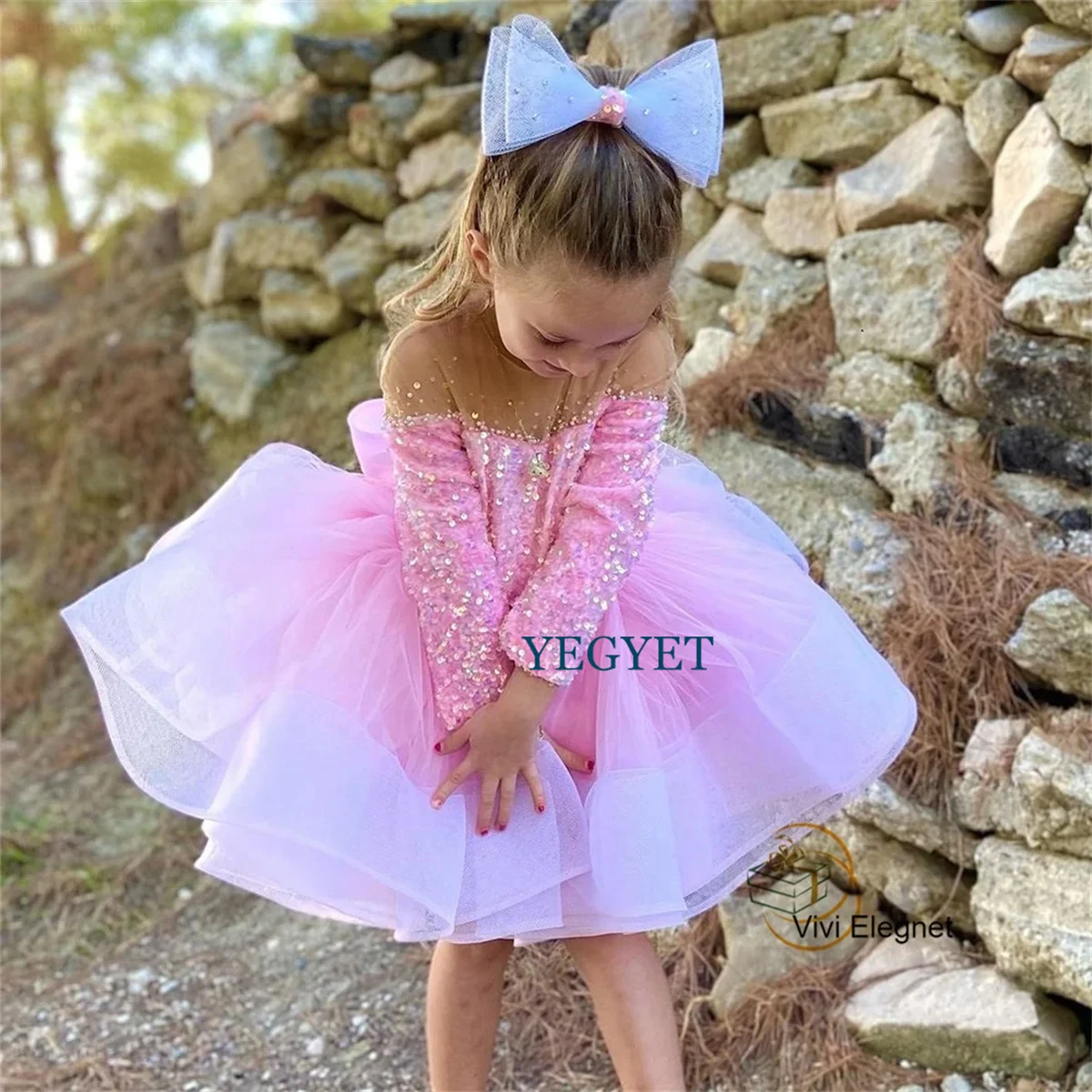 Pink Full Sleeve Flower Girls Dresses for Girls 2023 Summer New Tiered Soft Tulle Christmas Gowns for Baby فلور فتاة اللباس