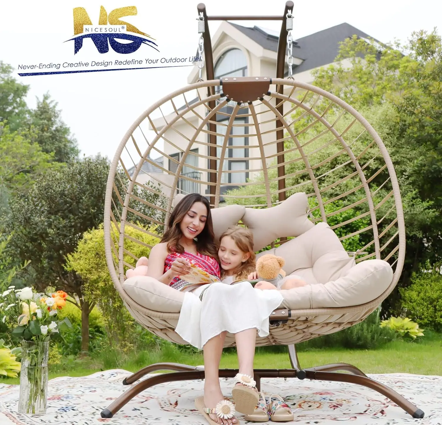 NICESOUL® 2 Person Double Egg Chair Outdoor Patio Wicker Loveseat Hanging Chair Swing Egg Chairs with Beige Cushions Double