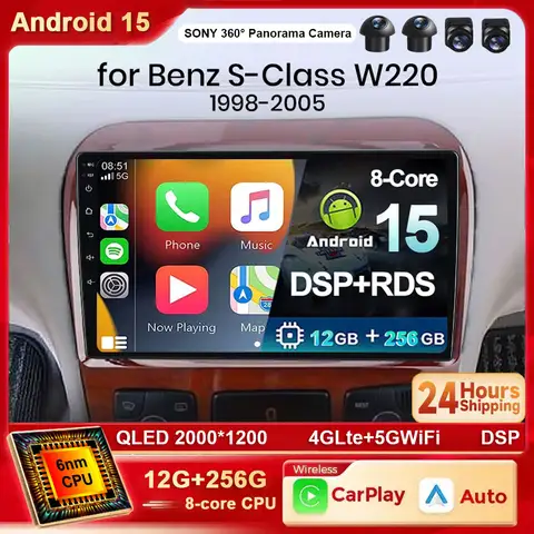 Android 15 Carplay Auto dla Mercedes Benz S-Class S Class W220 VV220 1998-2005 Radio samochodowe Nawigacja GPS Multimedialne wideo WIFI + 4G