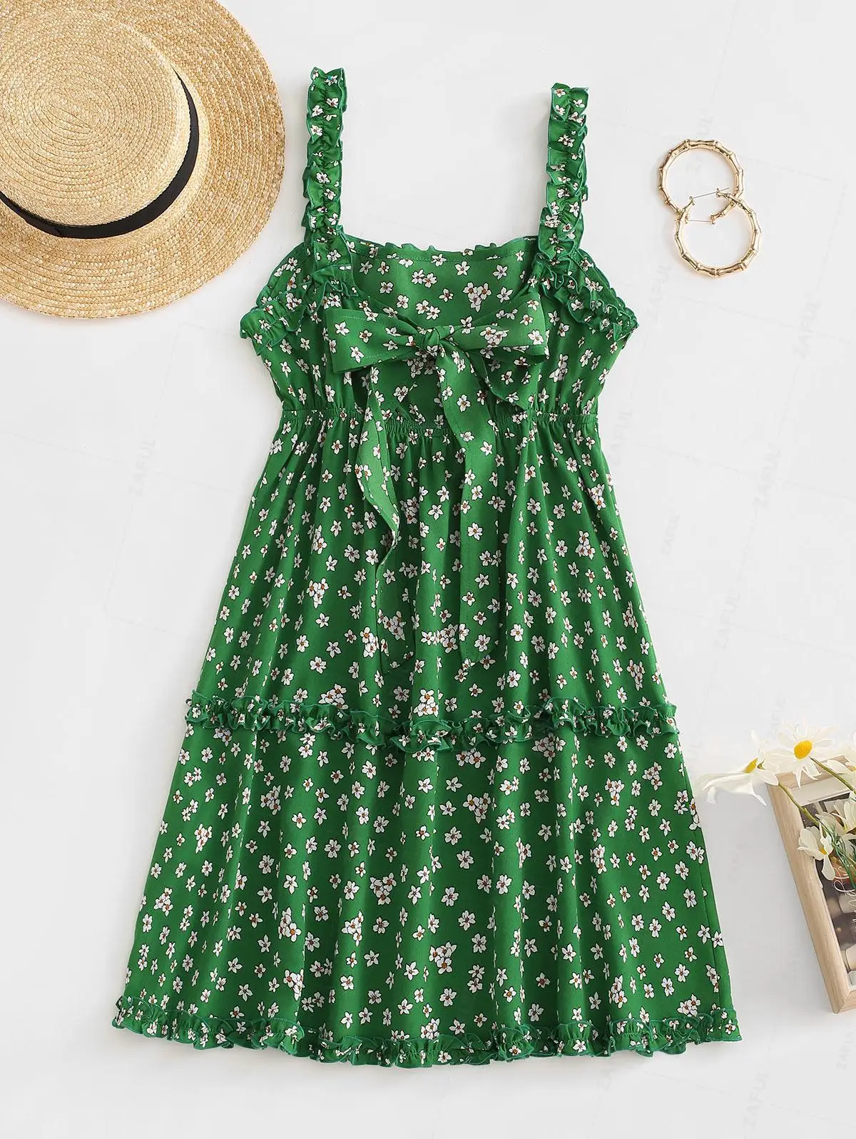 ZAFUL Ditsy Print Frilled Back Knot Tiered Sundress