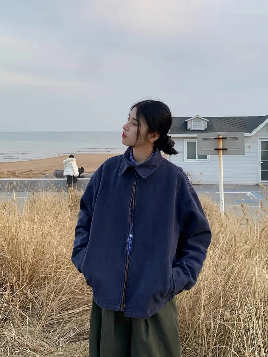 

Ретро американский берет с простым воротником для мужчин и женщин, осень-зима, свободное повседневное универсальное пальто на молнии, молодежное всесезонное пальто...