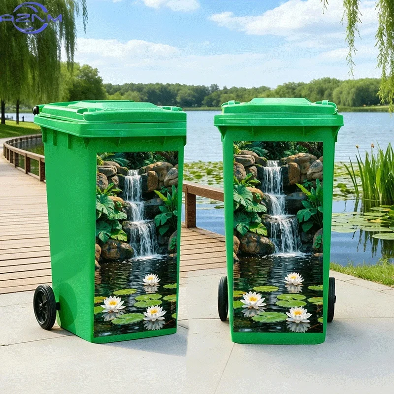[2D Flat Printing]1pc Trash Can Sticker[Title Translated, Do Not Change] Lotus Pond Listening to Waterfall Sounds Theme Design