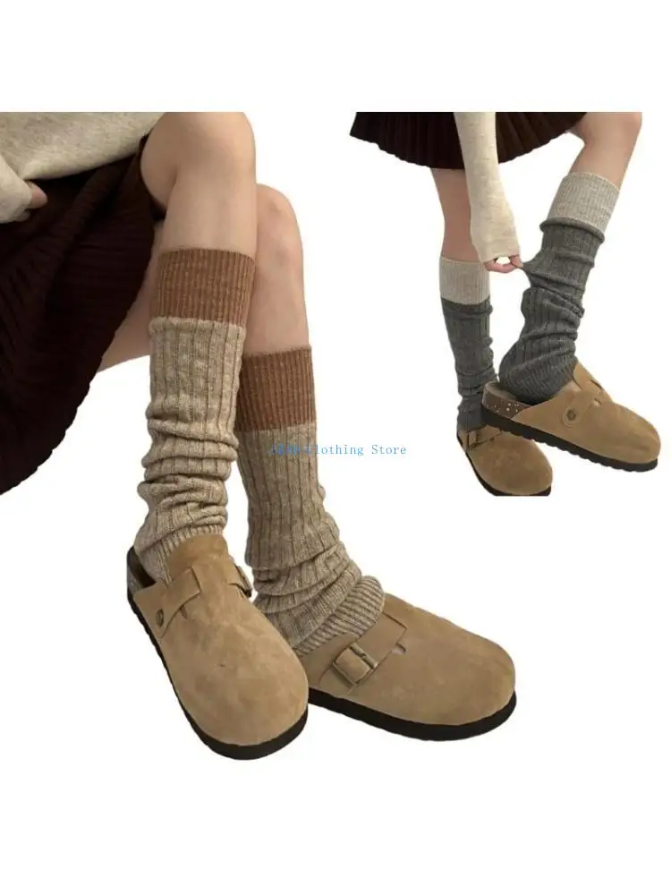 

N0PE Womens Winter Warm Ribbed Knit Leg Warmers Japanese Harajuku Vintage Colorblock Long Boot Socks Thermal Leg Cover