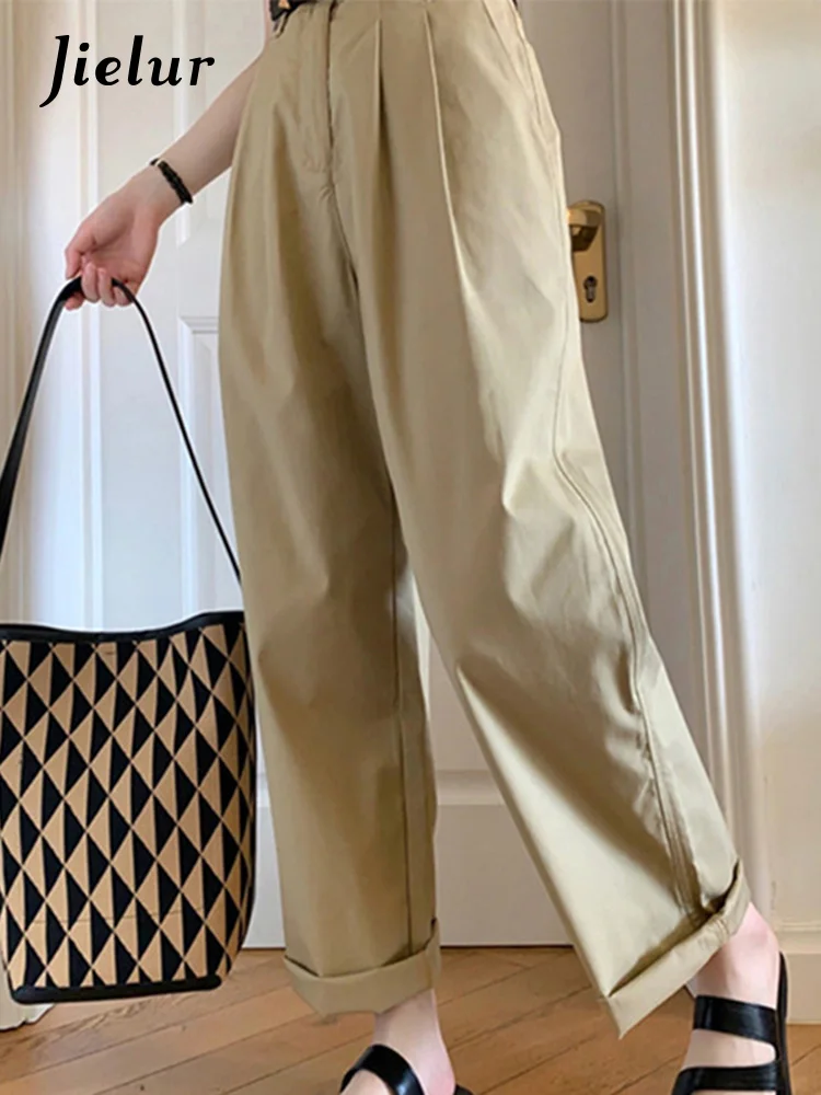 

Jielur High Waist Straight Cuffs Female Wide Leg Pants Fashion Simple Basic Workwear Solid Color Summer Khaki Chic Women's Pants