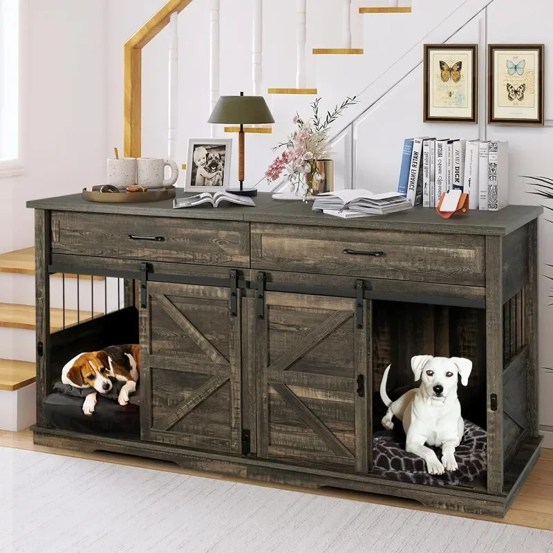 Extra Large Dog Crate with Divider, Double Dog Crate for 2 , Indoor Cages , Furniture with 2 Drawers,for Large Medium Small Dogs