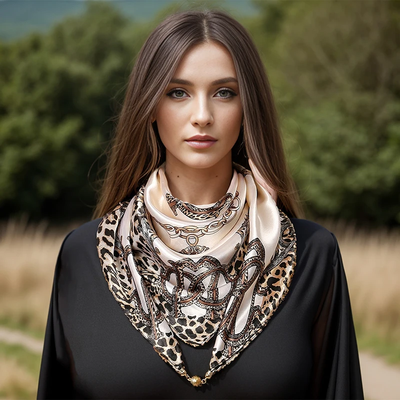 Leopard Chain Printed Magnetic Square Scarf Women Satin Silk Muffler New Style Neckerchief Ladies Casual Simple scarves Bandelet