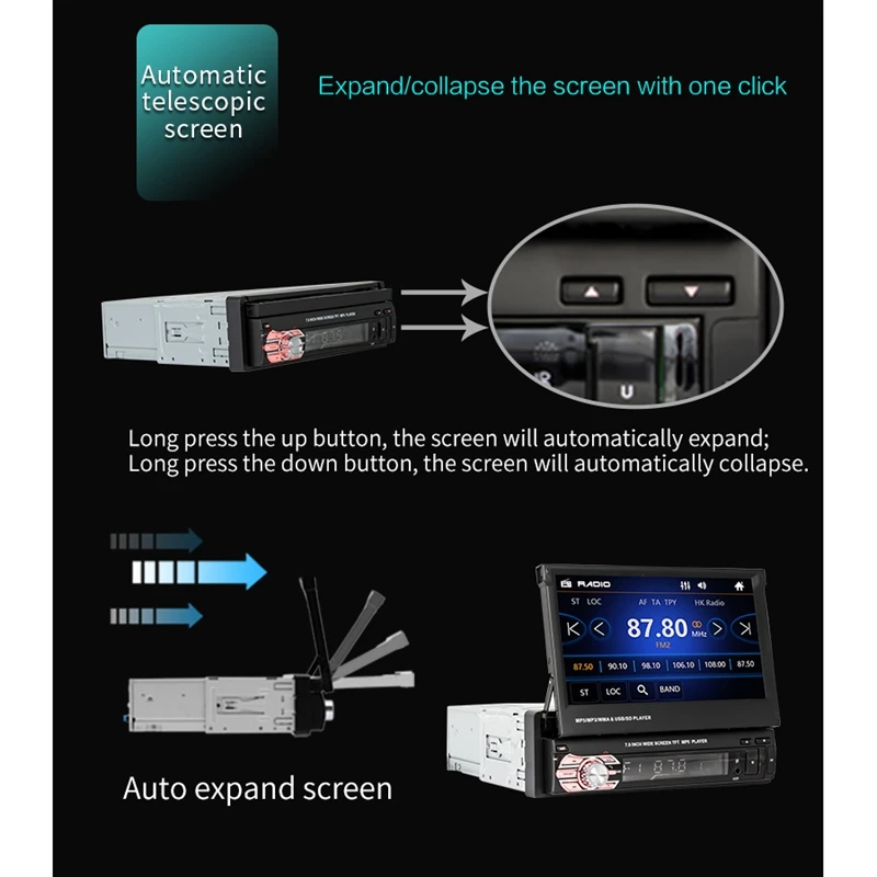 Auto Retractable 1 Din 7 Inch Car Radio Hd Touch-Screen Mp5 Player Bluetooth Radio Usb Tf Fm Multimedia Player