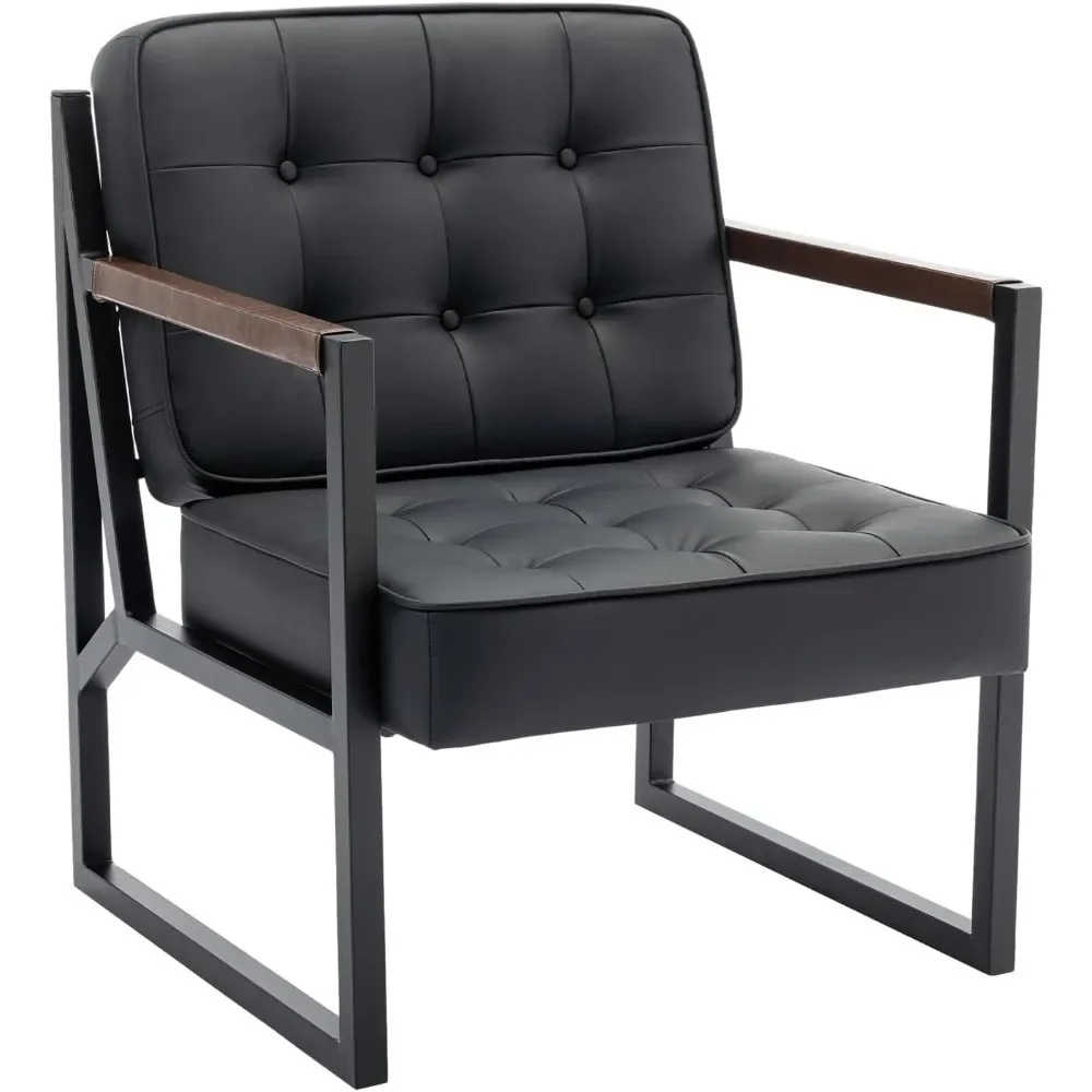 Mid-Century Modern Style Armchair Set of 2, Comfortable Living Room Chairs, Black Leather Armchair with Metal Legs, Black
